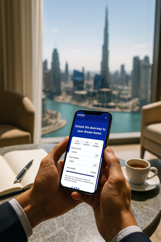 Hands in a navy suit holding a smartphone with the Mena Homes Mortgage Calculator app open; Burj Khalifa and Dubai skyline appear through a floor‑to‑ceiling window in the background.