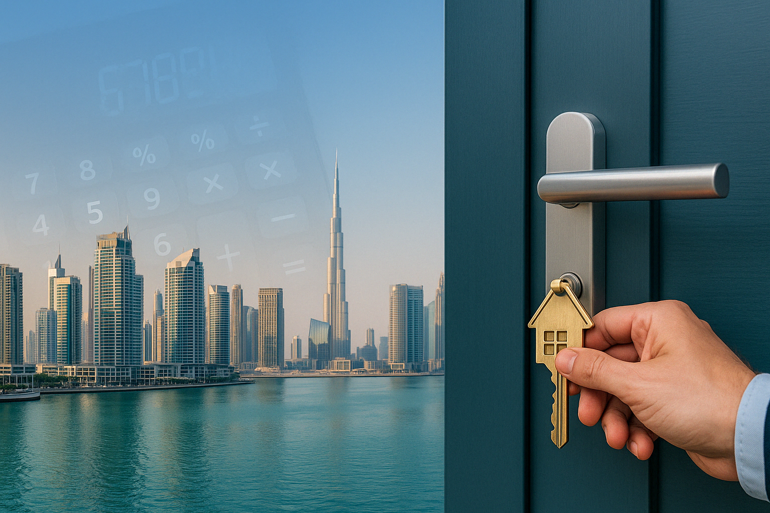 Composite image of Dubai Marina skyline and a hand turning a brass house-shaped key in a modern silver door lock.