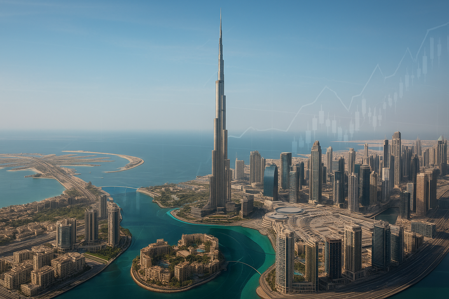 Aerial view of Dubai’s skyline with highlighted investment hotspots.